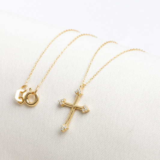 Cross Necklace with 12 Real Diamonds | 14K Solid Gold