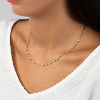 14K Solid Gold Aquagreen Necklace, Layered Enameled Spaced Beaded Bar Chain