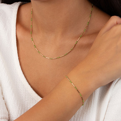 14K Solid Gold Aquagreen Necklace, Layered Enameled Spaced Beaded Bar Chain