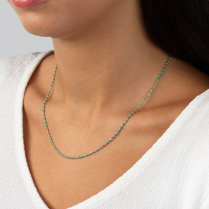 Aquamarine Birthstone Necklace in 14k Solid Gold, Colorful Enameled Beads on Mini Italian Ball Chain