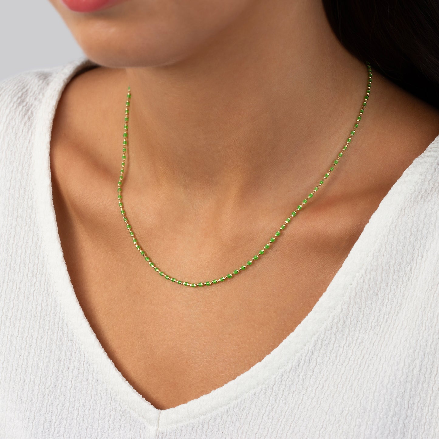 Aquagreen Enameled Beaded Necklace 14k Solid Gold, Mini Italian Ball Chain