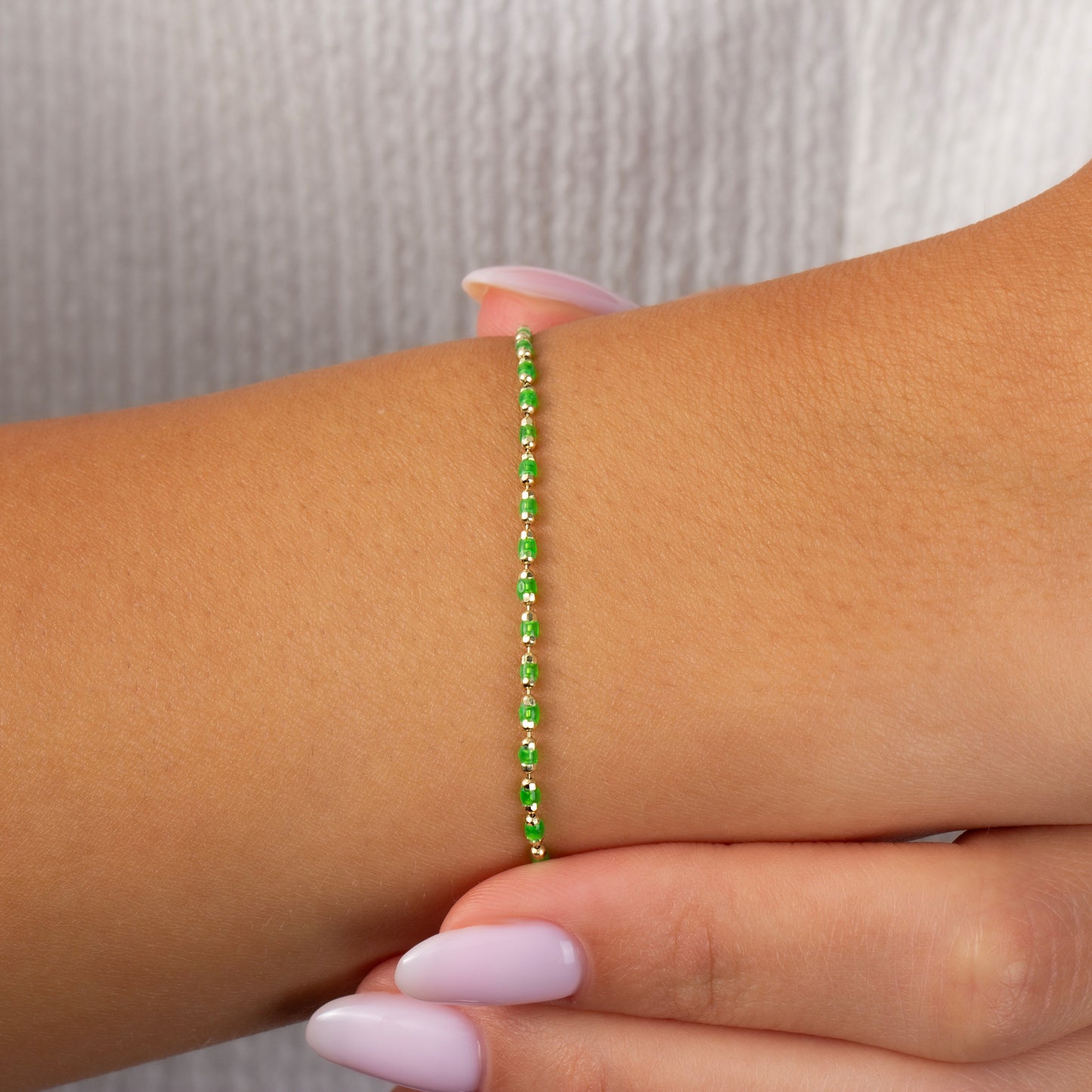 14K Solid Gold Aquagreen Enameled Beaded Bracelet, Mini Italian Ball Chain