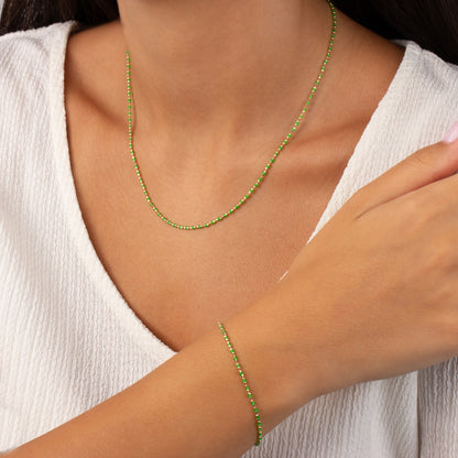 14K Solid Gold Aquagreen Enameled Beaded Bracelet, Mini Italian Ball Chain