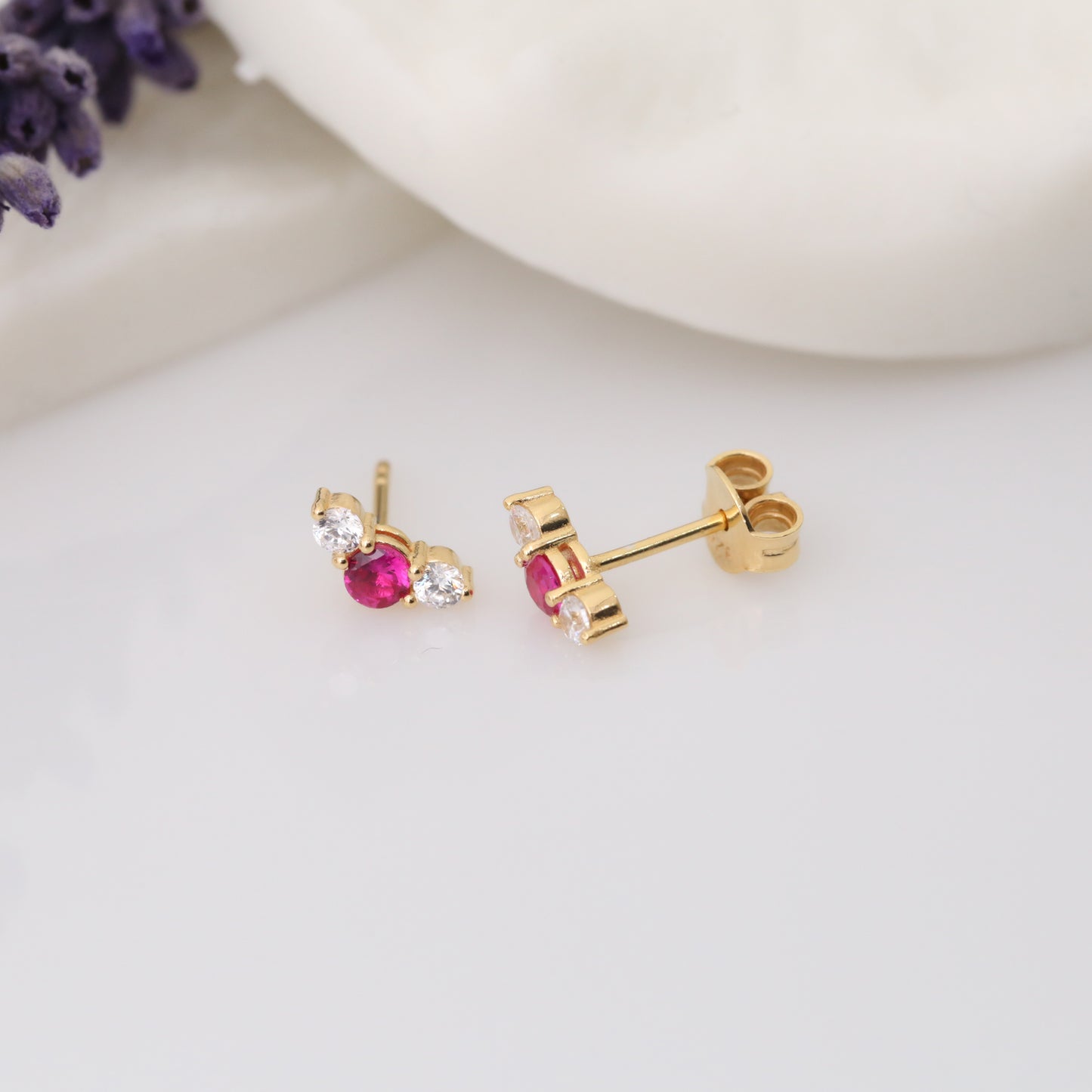 Real Diamond 3 Stone Stud Earrings 14K Solid Gold, Birthstone Ruby July