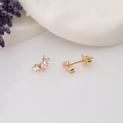 Real Diamond 3 Stone Stud Earrings 14K Solid Gold, Birthstone Pink Tourmaline October