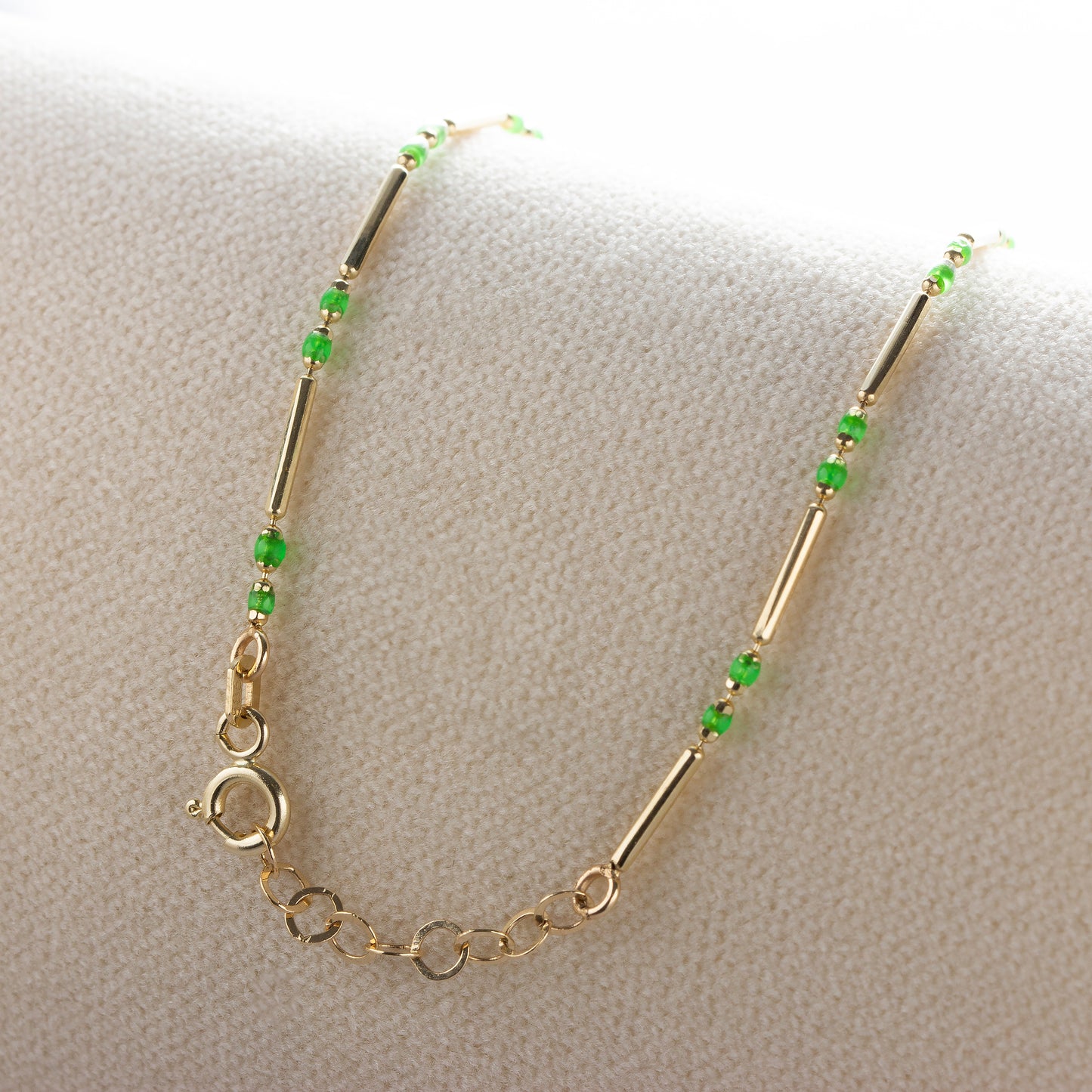 14K Solid Gold Layered Enameled Bar, Elegant Aquagreen Beaded Bracelet