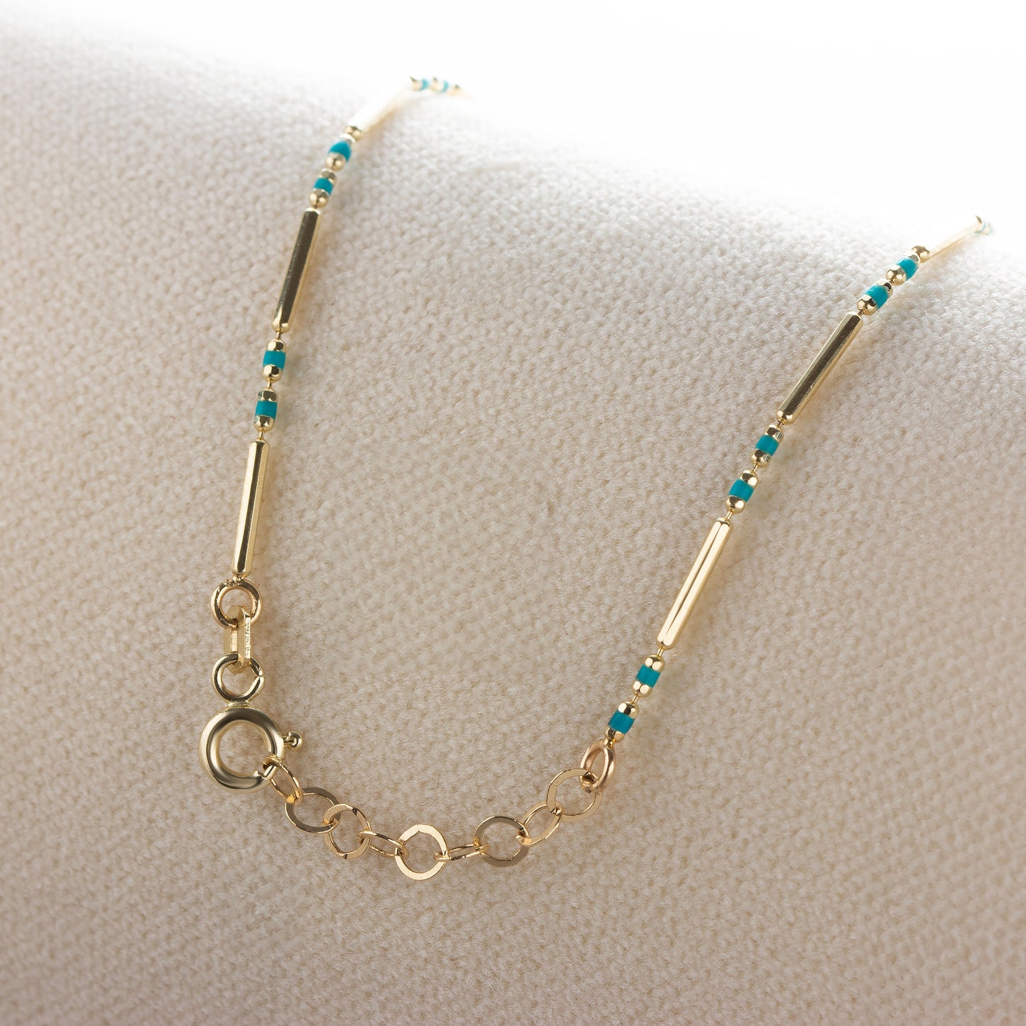 14K Solid Gold Enameled Beaded Bar Bracelet, Blue Topaz December Birthstone Jewelry Layered Spaced Design