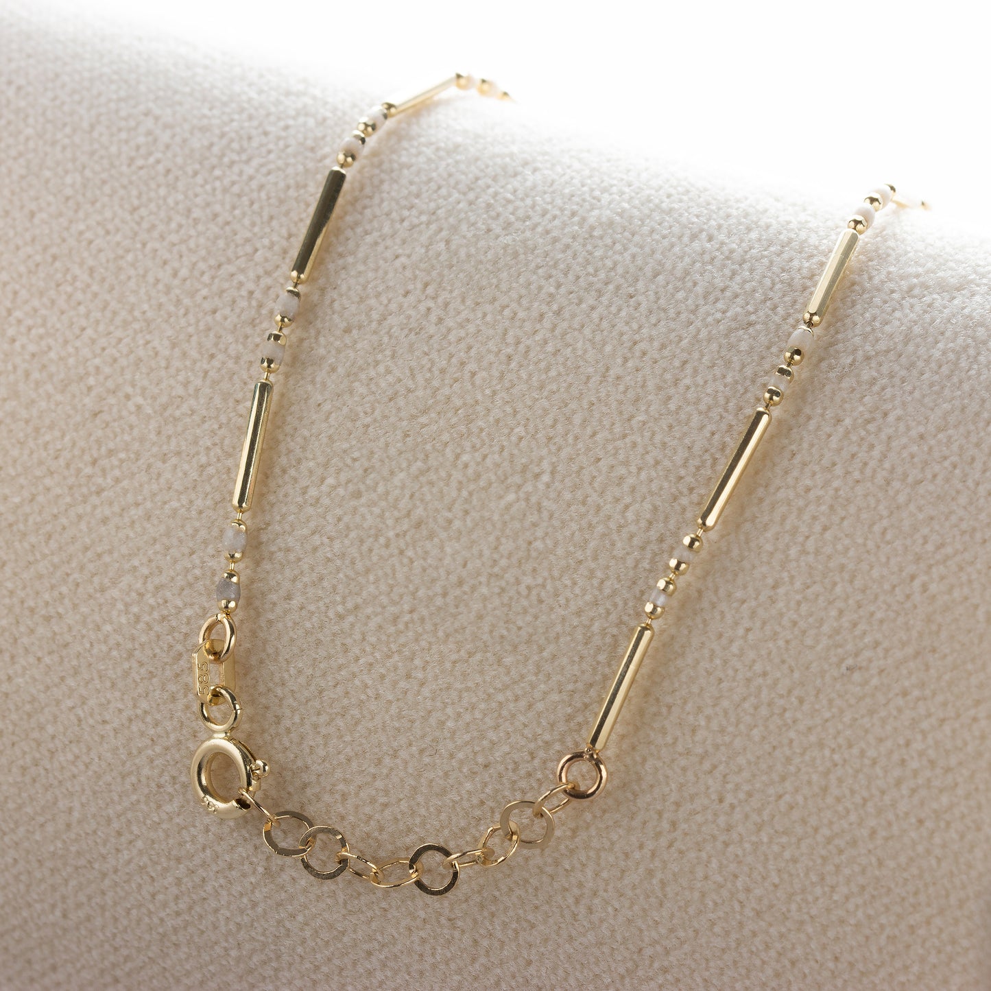 14K Solid Gold Enameled Beaded Bar Bracelet, White Topaz April Birthstone Jewelry Layered Spaced Design