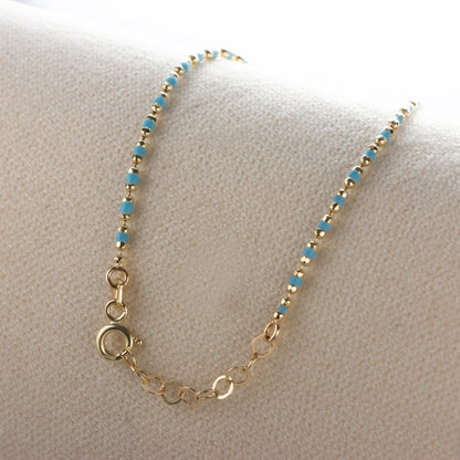 14K Solid Gold Blue Topaz Enameled Beaded Bracelet, Mini Italian Ball Chain, December Birthstone