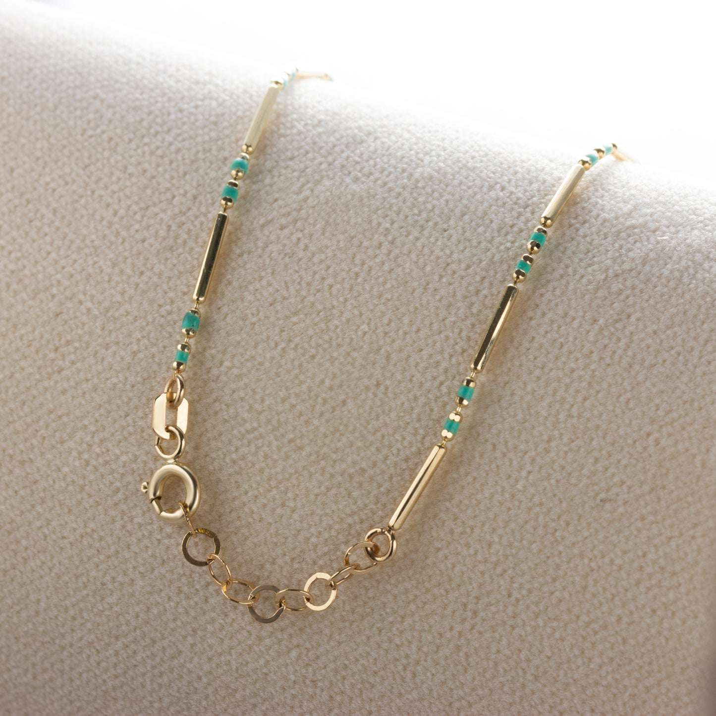 14K Solid Gold Enameled Beaded Bar Bracelet, Turquoise December Birthstone Jewelry Layered Spaced Design