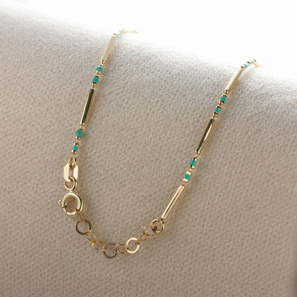 14K Solid Gold Enameled Beaded Bar Bracelet, Turquoise December Birthstone Jewelry Layered Spaced Design