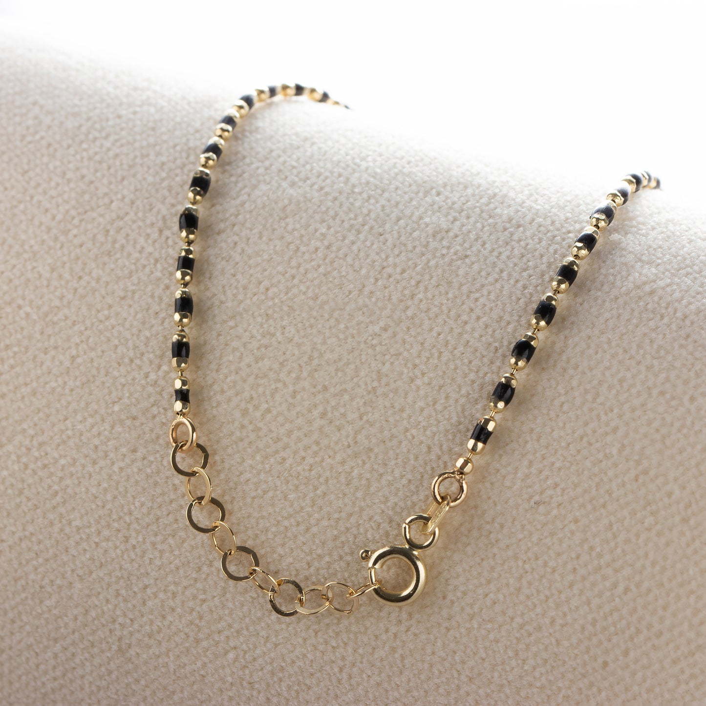 Black Onyx Beaded Bracelet in 14K Solid Gold, Mini Italian Ball Chain