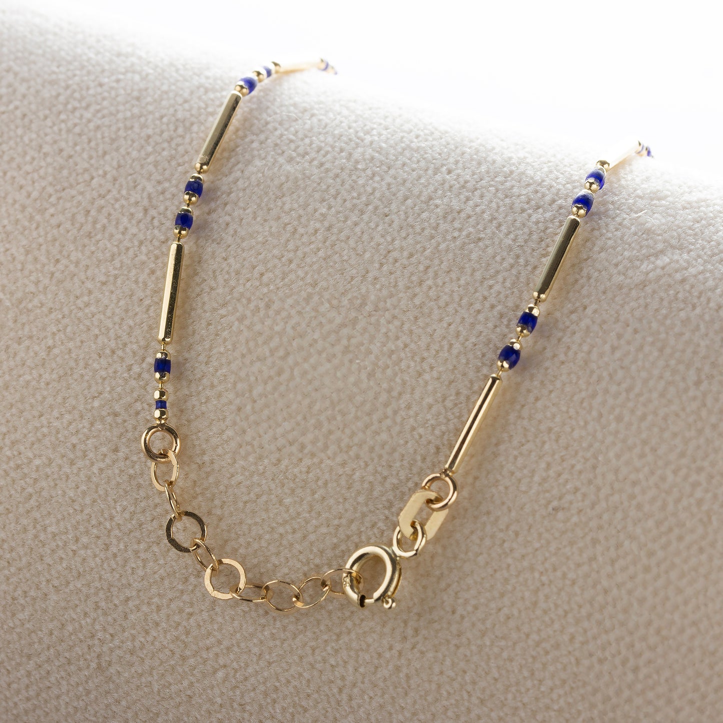 14K Solid Gold Enameled Beaded Bar Bracelet, Sapphire September Birthstone Jewelry Layered Spaced Design