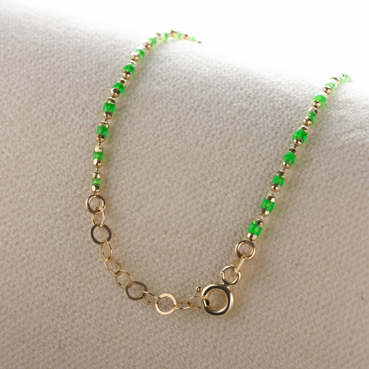 14K Solid Gold Aquagreen Enameled Beaded Bracelet, Mini Italian Ball Chain