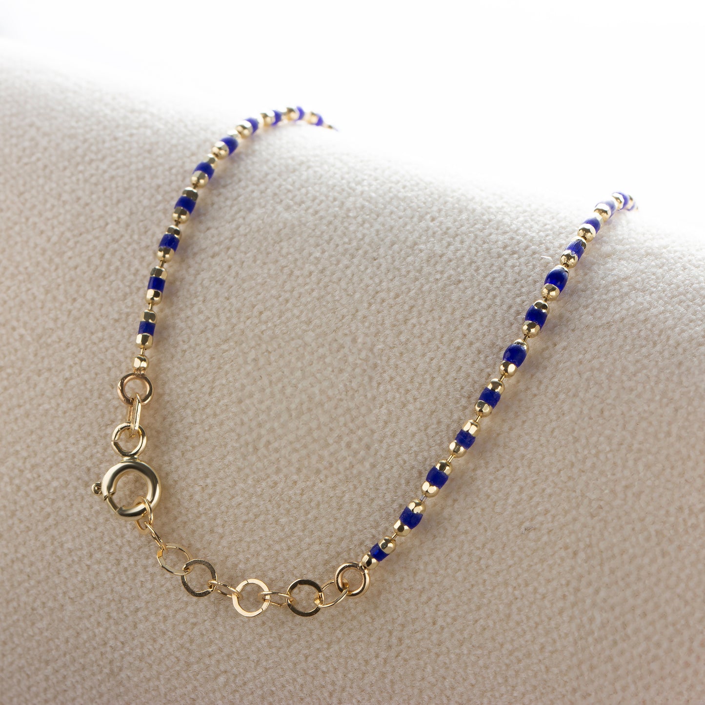 Sapphire Enameled Beaded Bracelet 14K Solid Gold, Mini Italian Ball Chain