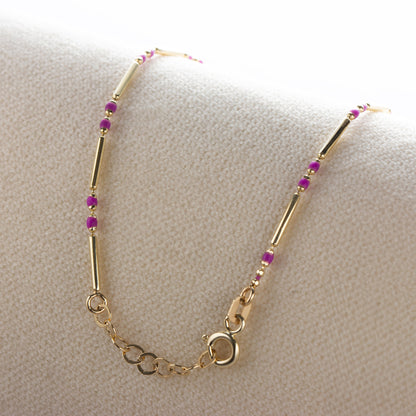 14K Solid Gold Enameled Beaded Bar Bracelet, Amethyst February Birthstone Jewelry Layered Spaced Design