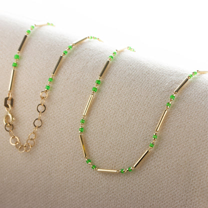 14K Solid Gold Aquagreen Necklace, Layered Enameled Spaced Beaded Bar Chain