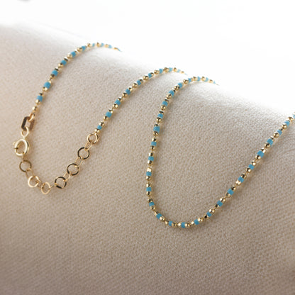 Blue Topaz Enameled Beaded Necklace in 14K Solid Gold, Mini Italian Ball Chain