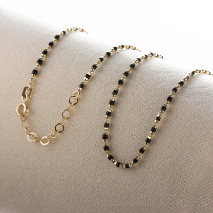 Black Onyx Enameled Beaded Necklace in 14K Solid Gold, Mini Italian Ball Chain