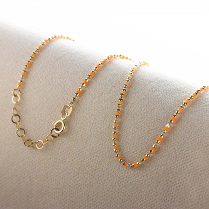 Citrine Enameled Beaded Necklace in 14K Solid Gold, Mini Italian Ball Chain