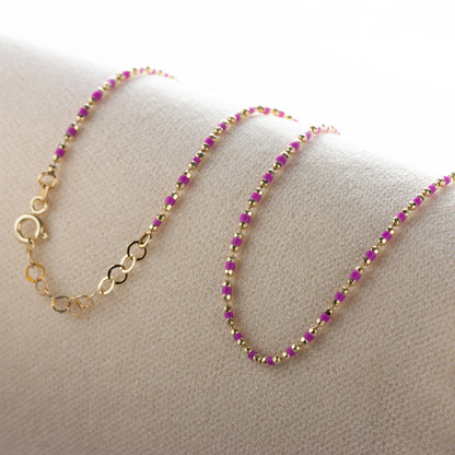 Colorful Enameled Beaded Necklace in 14K Solid Gold, Mini Italian Ball Chain, Meaningful Amethyst Birthstone