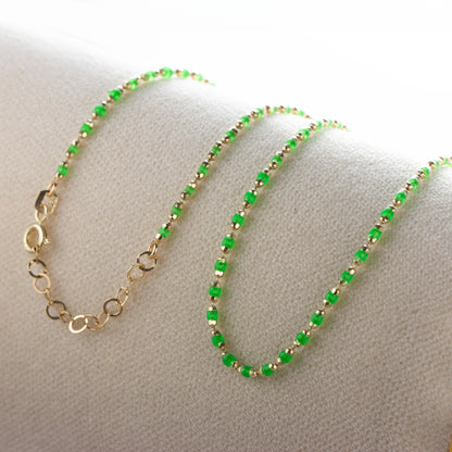 Aquagreen Enameled Beaded Necklace 14k Solid Gold, Mini Italian Ball Chain