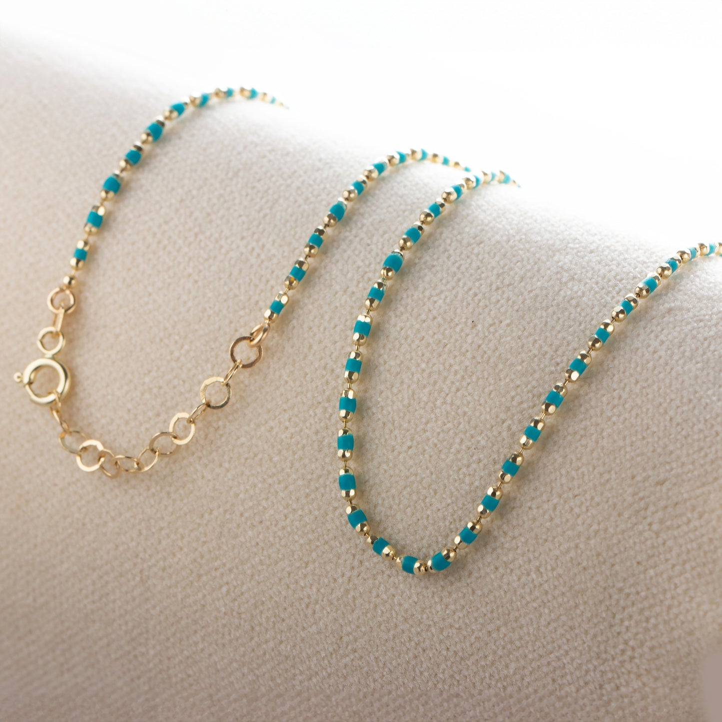 Aquamarine Birthstone Necklace in 14k Solid Gold, Colorful Enameled Beads on Mini Italian Ball Chain