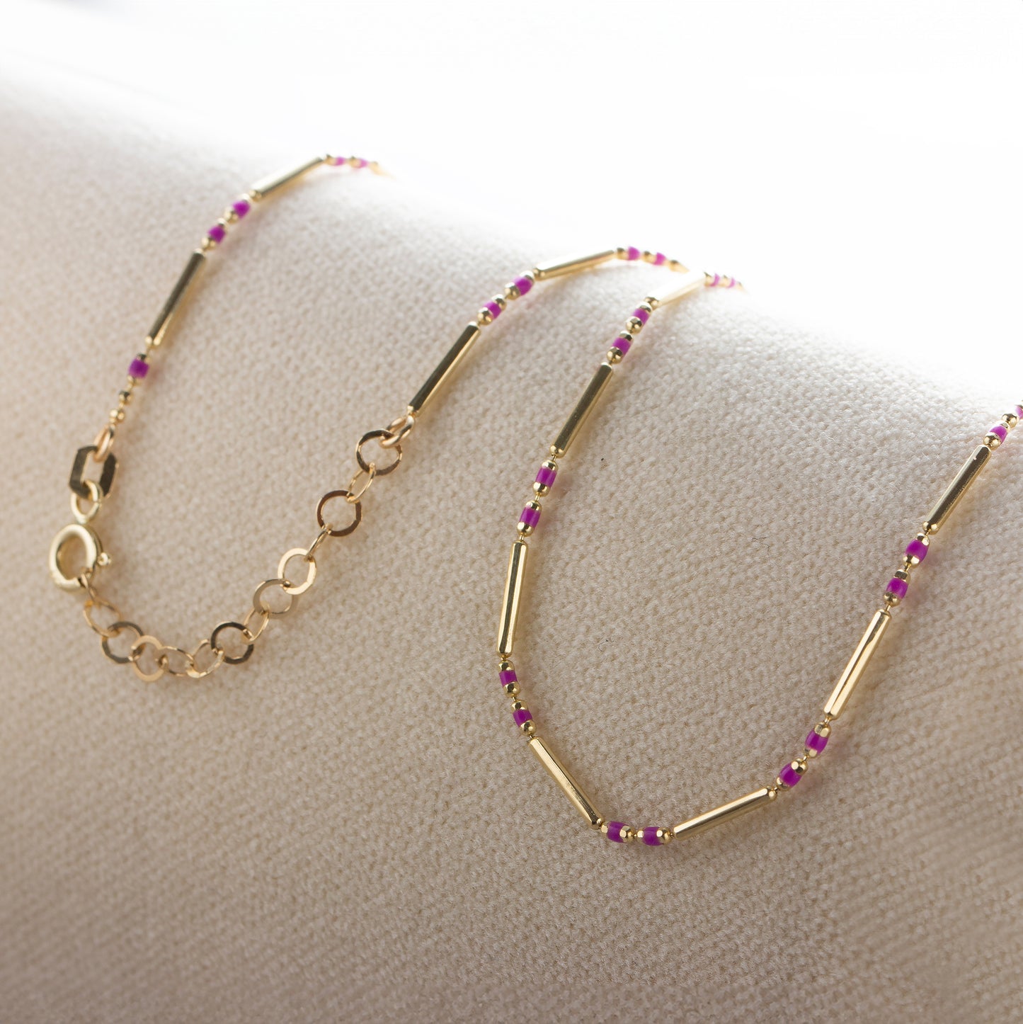 14K Solid Gold Layered Enameled Spaced Beaded Bar Necklace, Amethyst Birthstone Jewelry