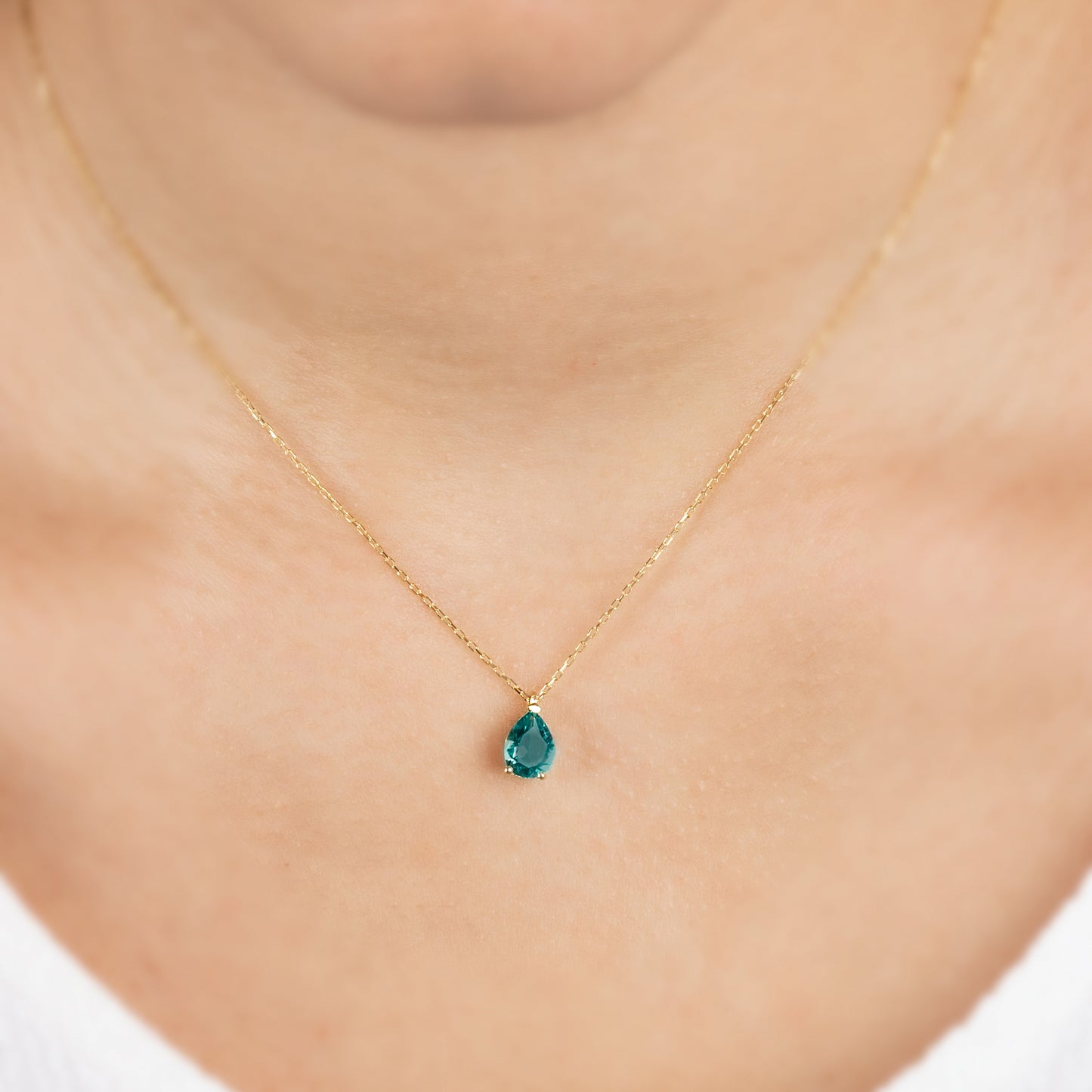 Aqua Green Drop Necklace 14K Solid Gold