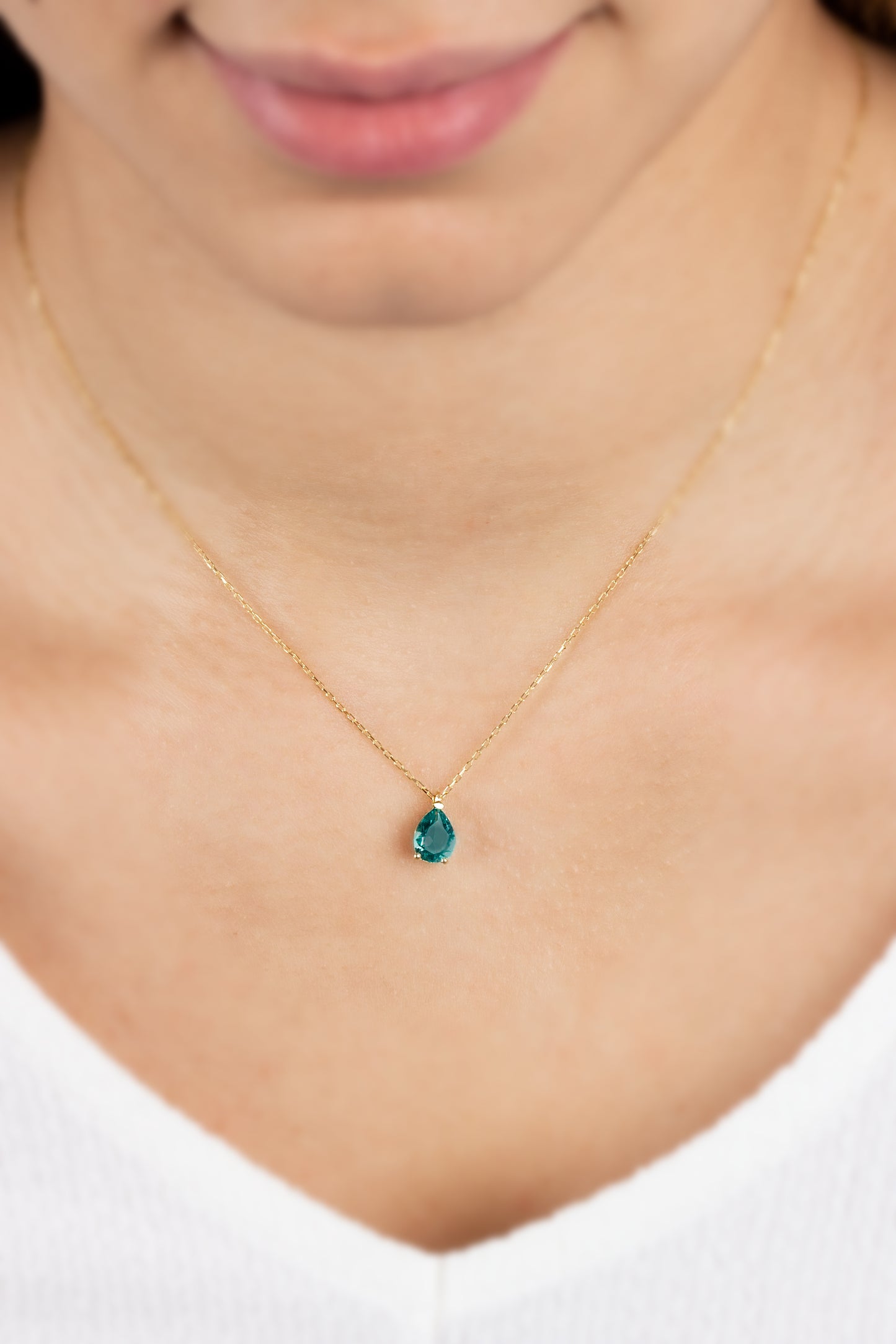 Aqua Green Drop Necklace 14K Solid Gold