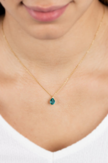 Aqua Green Drop Necklace 14K Solid Gold