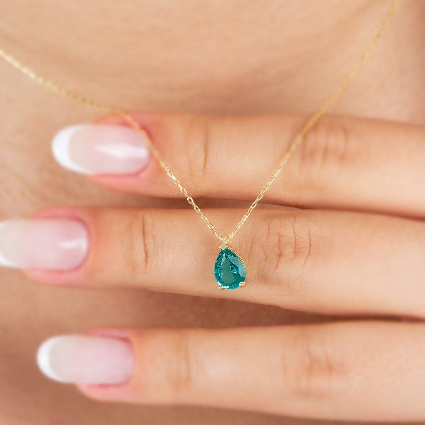 Aqua Green Drop Necklace 14K Solid Gold