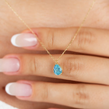 Aquamarine Drop Necklace 14K Solid Gold, Teardrop March Birthstone