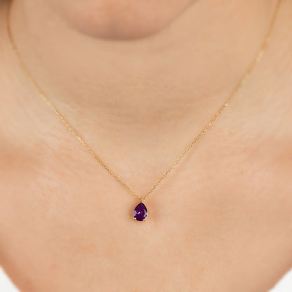 Amethyst Drop Necklace 14K Solid Gold, Teardrop February Birthstone