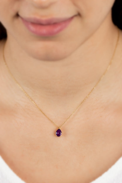 Amethyst Drop Necklace 14K Solid Gold, Teardrop February Birthstone