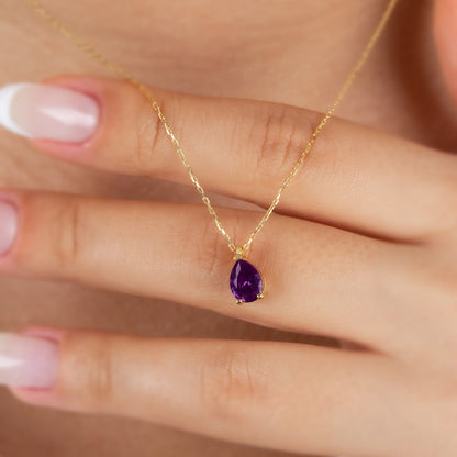 Amethyst Drop Necklace 14K Solid Gold, Teardrop February Birthstone