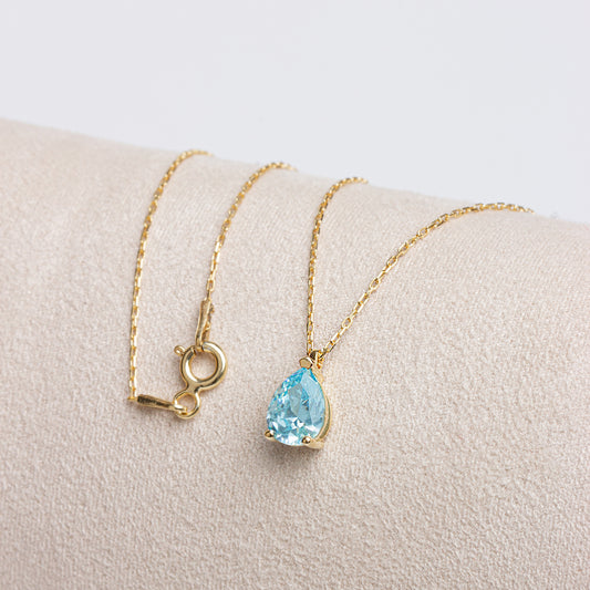 Aquamarine Drop Necklace 14K Solid Gold, Teardrop March Birthstone