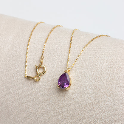 Amethyst Drop Necklace 14K Solid Gold, Teardrop February Birthstone