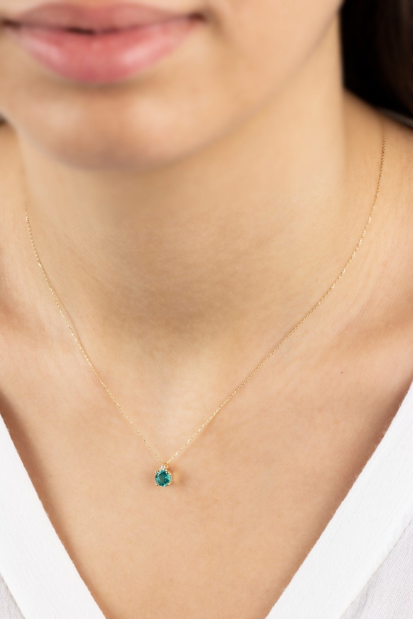 Round Aqua Green Necklace with Real Diamond in 14K Solid Gold, Birthstone Jewelry