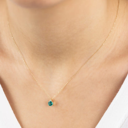 Round Aqua Green Necklace with Real Diamond in 14K Solid Gold, Birthstone Jewelry