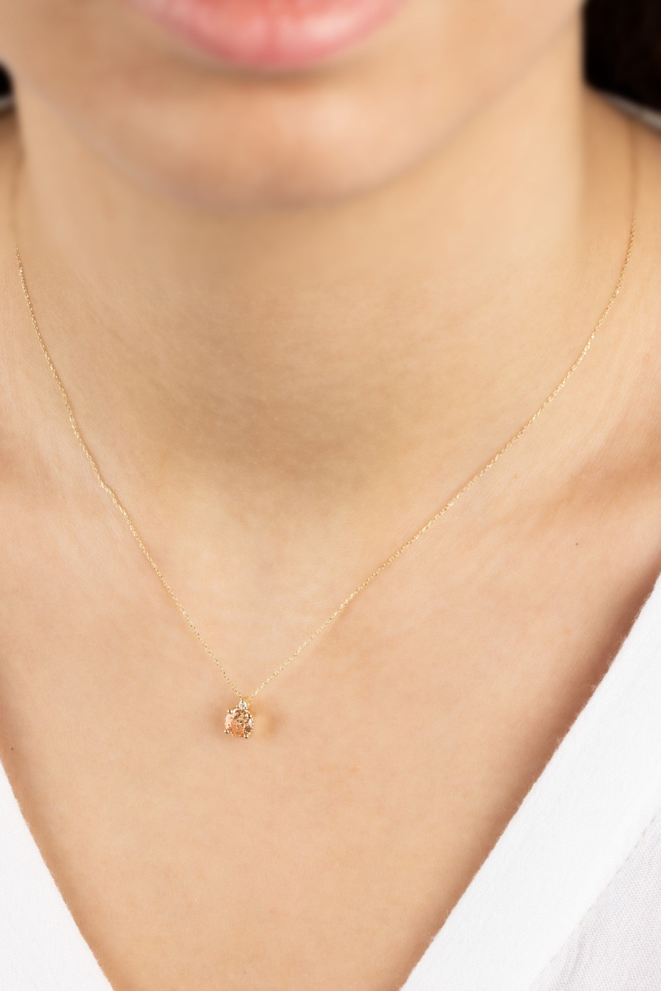 Round Citrine Necklace with Real Diamond in 14K Solid Gold, November Birthstone