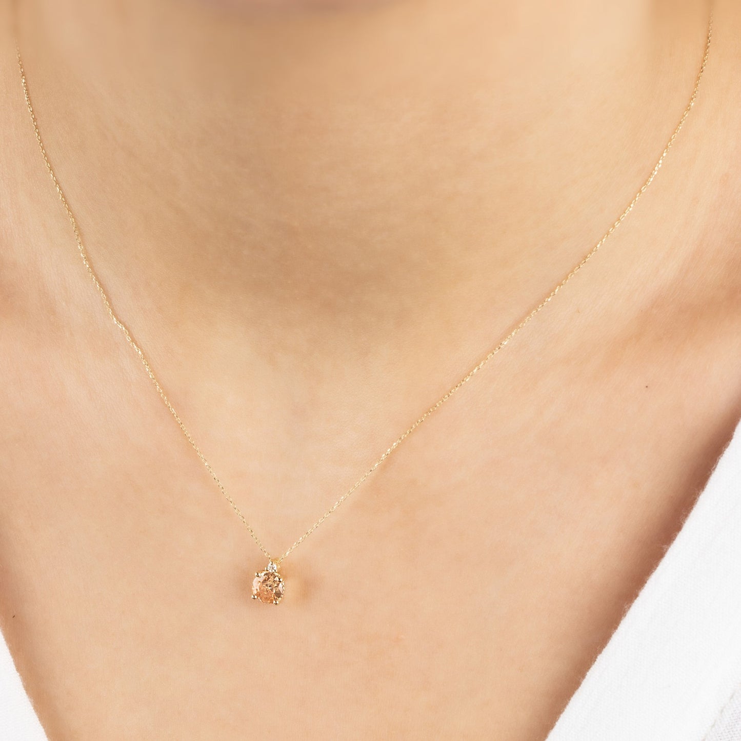 Round Citrine Necklace with Real Diamond in 14K Solid Gold, November Birthstone