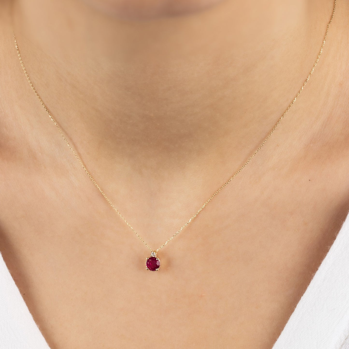 Round Ruby Necklace with Real Diamond in 14K Solid Gold, July Birthstone