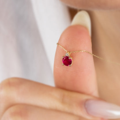 Round Ruby Necklace with Real Diamond in 14K Solid Gold, July Birthstone