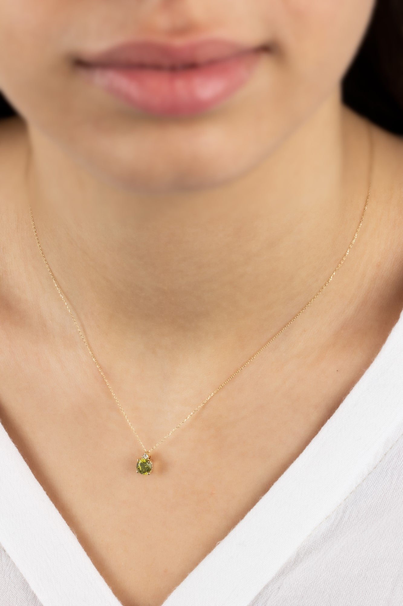 Round Peridot Necklace with Real Diamond in 14K Solid Gold, August Birthstone