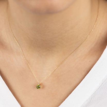 Round Peridot Necklace with Real Diamond in 14K Solid Gold, August Birthstone