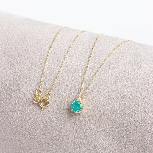 Round Aqua Green Necklace with Real Diamond in 14K Solid Gold, Birthstone Jewelry