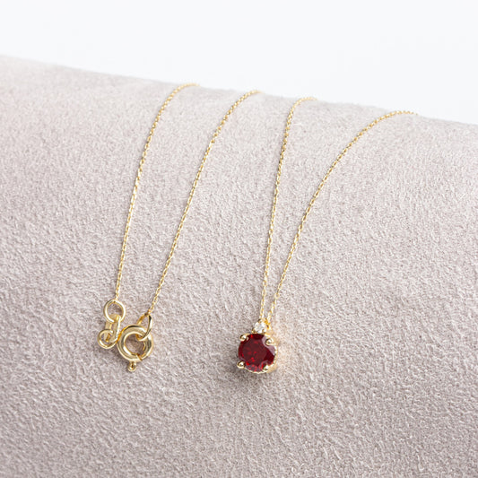 Round Garnet Necklace with Real Diamond in 14K Solid Gold, January Birthstone