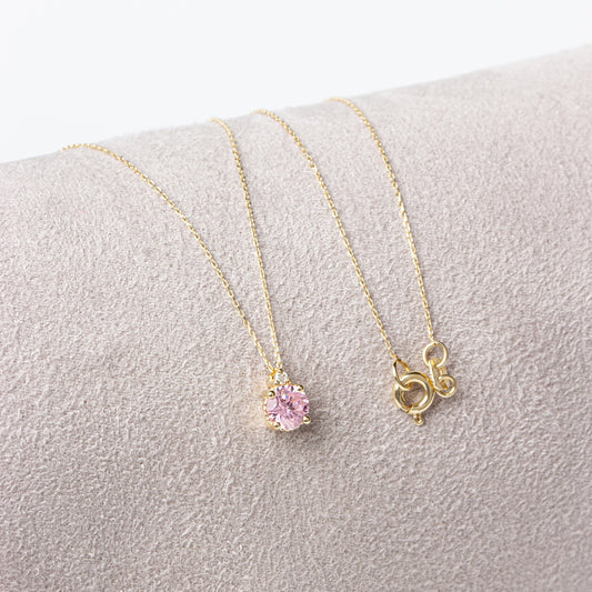 Round Pink Tourmaline Necklace with Real Diamond in 14K Solid Gold, October Birthstone