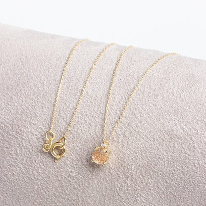 Round Citrine Necklace with Real Diamond in 14K Solid Gold, November Birthstone